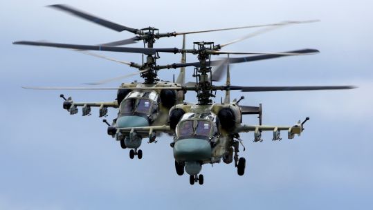 Pair of Kamov Ka-52 Alligator attack helicopters of Russian air force during Victory Day parade rehearsal