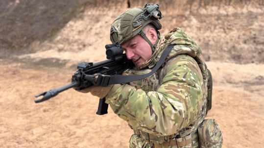 Jack Lopresti, a former Tory MP who is now serving in the Ukrainian military, on a shooting range in Ukraine 130225 CREDIT Jack Lopresti.