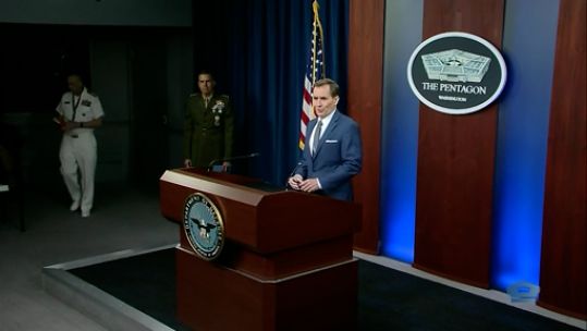 John Kirby, Pentagon spokesman and Lieutenant General Dennis Crall, the Joint Staff J6, Director of Command Control Communications and Computers 040621 CREDIT US DEPT OF DEFENSE.jpg