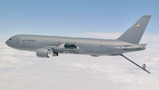A US military KC-46 tanker aircraft prepares to refuel.