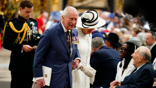 King Charles III and Queen Camilla speak with Second World War veterans and guest following a service of thanksgiving at Westminster Abbey CREDIT PA