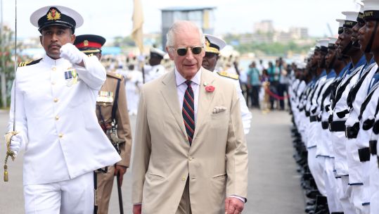 King Charles, Captain General of the Royal Marines, views the Kenyan guard of honour 02112023 NO REUSE CREDIT PA WIRE, PA IMAGES