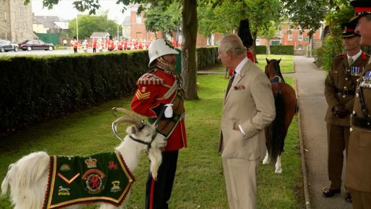 King with military mascot during visit to Brecon Barracks 200723 CREDIT ROYAL ROTA