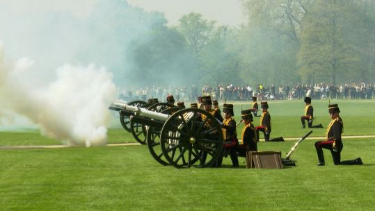 King's Troop Royal Horse Artillery fire gun salute in Hyde Park marking the Queen's 96th birthday 210422 CREDIT BFBS.jpg