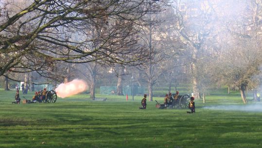 King’s Troop Royal Horse Artillery performing gun salute for the Queen in Green Park