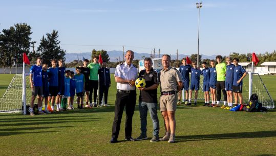 L to R Steve Jupp, Andy Georgiou, Group Captain Simon Cloke RAK Akrotiri and Apea FC Credit BFBS DATE 15042025.jpg 