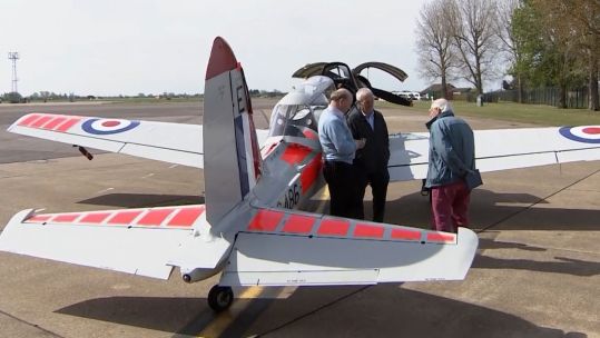 From left to right | David Cockburn, Roger Young and Al Woolfrey stand next to the BBMF's Chipmunk WG486 (Picture:BFBS).