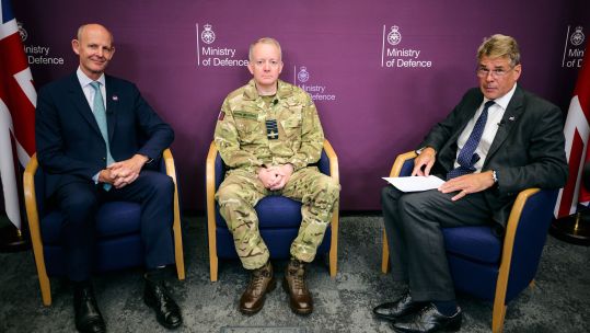 Left to right the National Armaments Director Rupert Pearce and Chief of the Defence Staff ACM Knighton speak to Military Advisor DSEI UK Retd Rear Adm Jon Pentreath to launch DSEI UK (Picture: MOD)