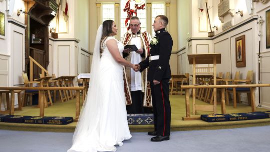 Lance Corporal Jake Kennedy and Petty Officer (Nurse) Jo Parke getting married at HM Naval Base Portsmouth