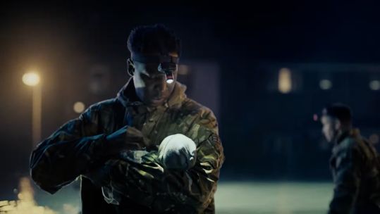 Latest British Army advert showing personnel saving a mother and baby from flash floods