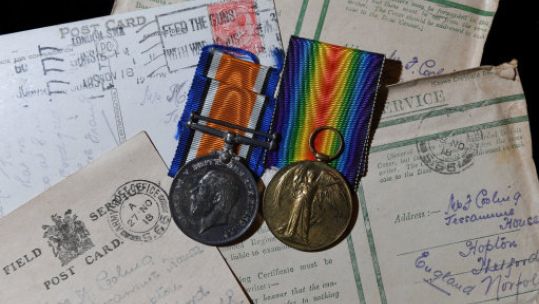 Letters, postcards and medals belonging to Bombardier Frank Cooling from Suffolk (Picture: PA). 