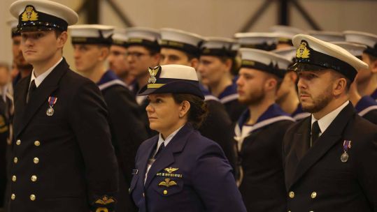 Lieutenant Commander Rachel Rychtanek, Lieutenant Elliott Wylie and Lieutenant Kieran Lovett getting their wings at a ceremony at RNAS Yeovilton 211223 CREDIT Royal Navy.jpg