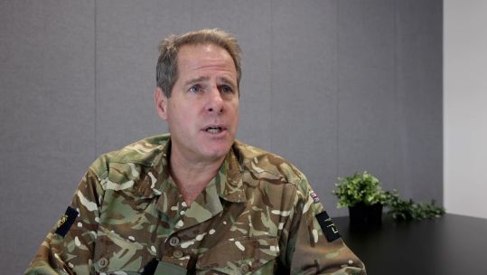 Lieutenant General Tom Copinger-Symes speaking to Forces News at a secret cyber careers fair at the University of Preston
