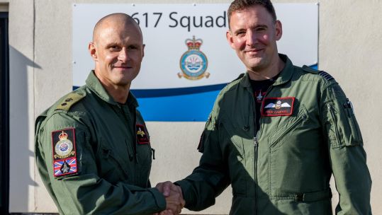 Lt Col Mike Carty RM takes command of 617 Sqn 'The Dambusters' from Wg Cdr Stew Campbell RAF 120924 CREDIT Globe and Laurel Magazine