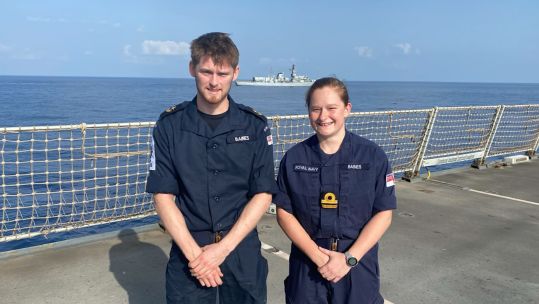 Lt Katy Baines RN and brother LET(WE) Joseph Baines reunited on Flight Deck HMS Diamond 280424 CREDIT HMS DIAMOND X