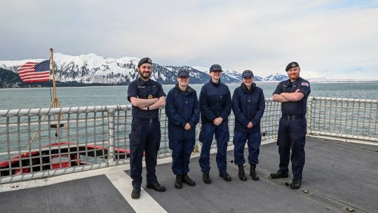 Cover image: Lt Stein (far left) and Lt Friswell (far right) on board the US Coast Guard's Polar Star (Picture: Royal Navy).