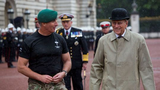 Lt Col Gary Green from Commando Training Centre RM introduces HRH The Duke of Edingburgh to members of the 1664 Global Challenge 2 August 2017 CREDIT Crown Copyright