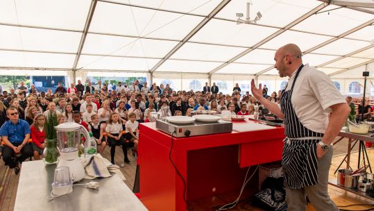 Simon Rimmer gave the cooking demonstration to more than 300 school children (photo credit Mr Mike Wilkinson) 