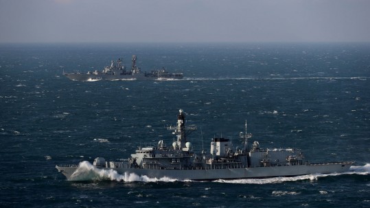 Vice Admiral Kulakov being escorted through the channel by HMS Sutherland