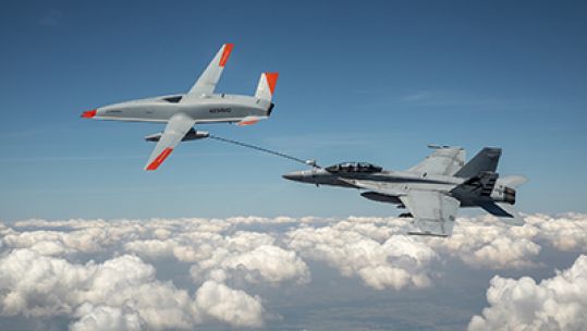 MQ-25 refueling a US Navy FA 18 Super Hornet, the first time an unmanned aircraft has refueled another aircraft