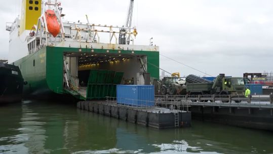 MV Anvil Point as vehicles and equipment are loaded onboard at the Sea Mounting Centre in Marchwood near Southampton, Hampshire, as the 7 Light Mechanised Brigade 130224 CREDIT BFBS