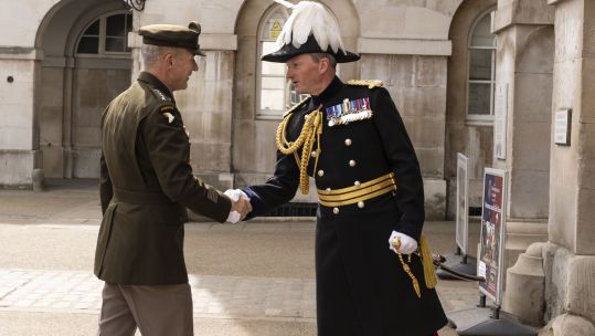 Major General Chris Ghika shakes hands with Chief of Staff of the US Army in Whitehall, London 120422 CREDIT UK MOD © Crown copyright 2022