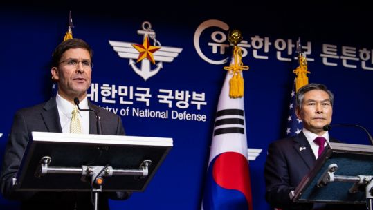 Mark Esper and Jeong Kyeong-doo during a press briefing in Seoul