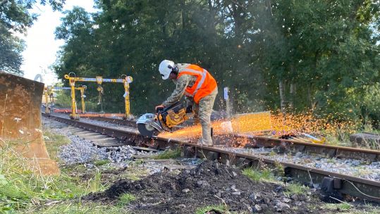 Member of 507 Specialist Team Royal Engineers cuts railway tracks at Wensleydale 290920 CREDIT BFBS
