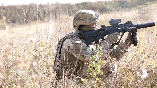Member of the Ukrainian military firing the Malyuk rifle