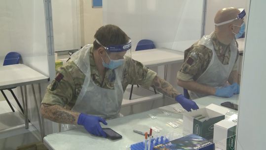 Members 35 Engineer Regiment in Chattenden Community Centre Kent during mass covid testing coronavirus 071220 CREDIT BFBS.jpg