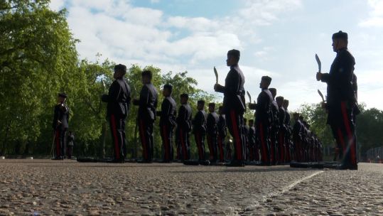 Members of 1 Squadron, 10 The Queen’s Own Gurkha Logistic Regiment practicising to takeover the Queen's Guard from the Footguards