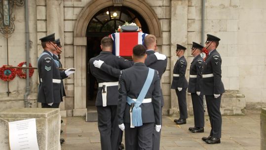 Members of RAF carrying Flt Sgt Peter Brown's coffin into St Clement Danes Church in central London 250523 CREDIT BFBS