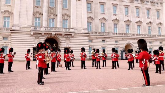 Members of the Queen's Guard perform a number of football songs ahead of England's Women's Euro final