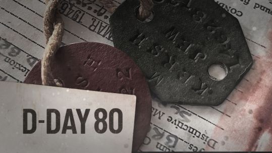Mervyn Kersh's WW2 dog tags with D-Day 80 graphic CREDIT BFBS