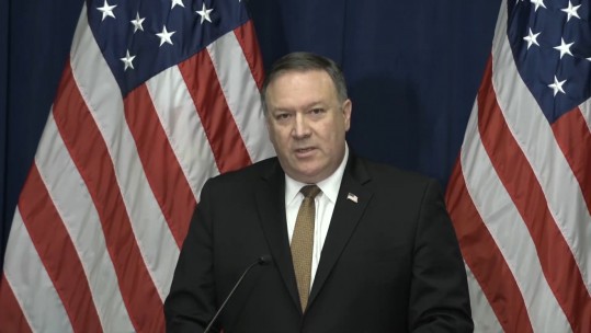 Mike Pompeo holding a press conference in May 2018 CREDIT US Dept Defense