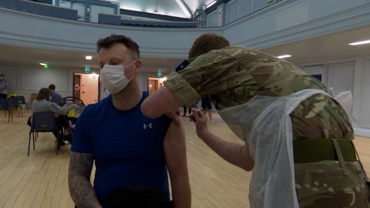 Military personnel helping to vaccinate people in Ayrshire, Scotland