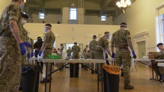 Military personnel in Salford at Eccles Town Hall prepare to deliver mass targeted coronavirus covid19 testing to key workers Greater Manchester 120121 CREDIT BFBS.jpg