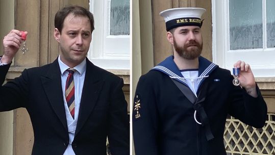 Military receiving honours composite Captain Disney and leading seaman David Groves