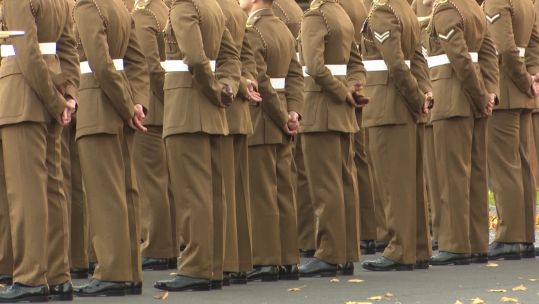 Multiple anonymous personnel on parade at Bulford Camp