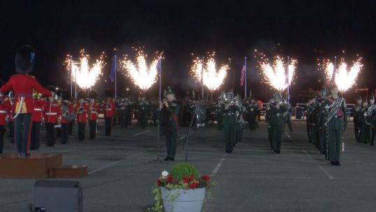 Musicians from Irish Guards,Royal Irish alongside Royal Dragoon Guards and Queen’s Royal Hussars at a special concert at Carrickfergus Castle 12092021 CREDIT BFBS.jpg