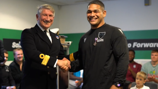 Royal Navy rugby star Sam Matavesi receives the Queen's Platinum Jubilee Medal (Credit: Northampton Saints)