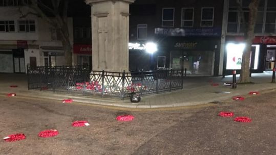 Poppy wreaths thrown from War Memorial in Swindon