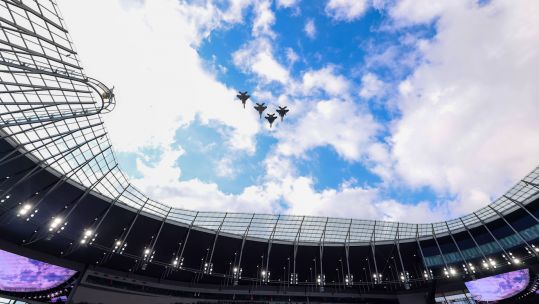 A team of F-15 jets above the Tottenham Hotspur Stadium (Picture: Alamy).