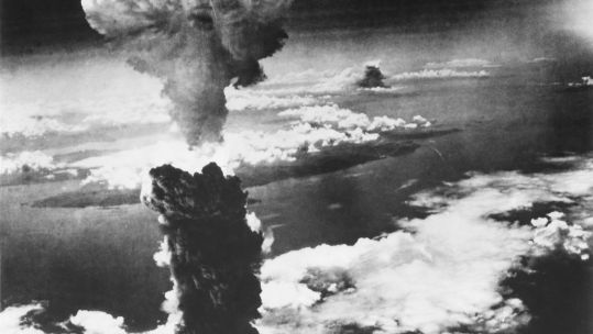 Mushroom Cloud of Atom Bomb exploded over Nagasaki, Japan, on August 9, 1945. World War 2.