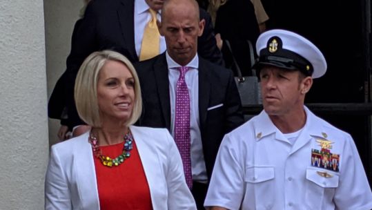 Navy Special Operations Chief Edward Gallagher leaves a military courtroom on Naval Base San Diego with his wife, Andrea Gallagher 030719 CREDIT PA, Andrew Dyer, San Diego Union-Tribune, TNS, Sipa USA