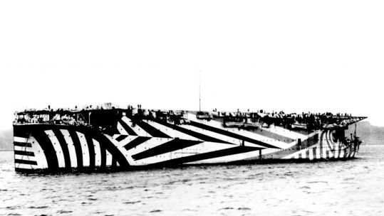 First true aircraft carrier HMS Argus in 1918 with dazzle camouflage