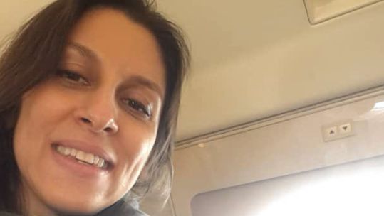 Nazanin Zaghari-Ratcliffe smiles as she is flown out of Iran to end her six years of detention (Picture: Tulip Siddiq MP/Twitter).
