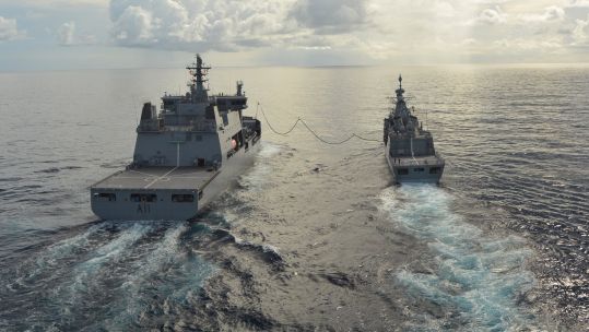 Nearing end of her 3,500NM sail to Guam, HMNZS TeKaha comes alongside HMNZS Aotearoa for a top up of 50,000 litres. 22092021 Credit Royal NZ Navy.jpeg