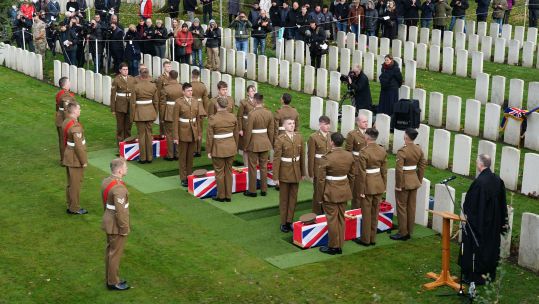 Nine British soldiers who died at Passchendaele at Commonwealth War Graves Commisson's Tyne Cot Cemetery near Ypres in Belgium