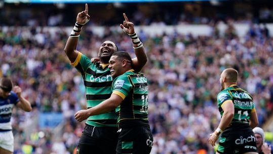 Northampton Saints' Temo Mayanavanua and Sam Matavesi celebrate winning Gallagher Premiership final Twickenham Stadium Image ID 2XAR7F3 080624 CREDIT PA Images, Alamy Stock Photo